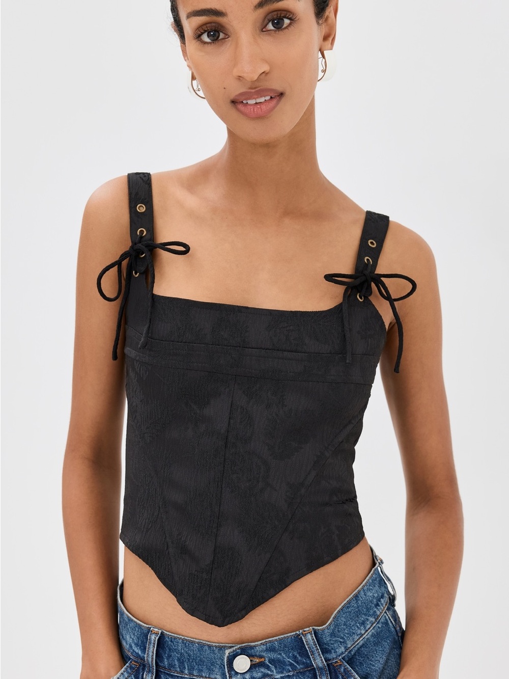 Lioness Black Tie-Shoulder Jacquard Bustier Cami
